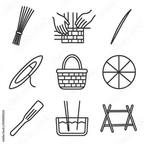 Basket Weaving Icons. Line style icons of Basket Weaving: reed bundle, splint weaver, willow rod, weaving shuttle, woven basket,