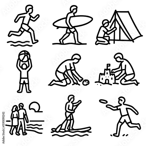 Beach Adventure Icons. Outline style icons of Beach Adventure Silhouette: running along shore, surfing silhouette, setting up