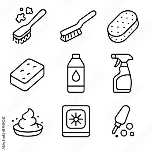 Cleaning Tool Icons. Outline style icons of Grime and Stain Removal Tools: mildew scrubber, grout brush, heavy-duty sponge,