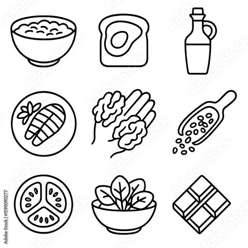 Heart-Healthy Food Icons. Outline style icons of Heart-Healthy Foods: oatmeal bowl, avocado toast, olive oil bottle, grilled