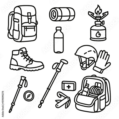 Camping Gear Icons. Outline style icons of Gear and Pack Silhouette: large backpack with gear, sleeping bag carry, hiking boots