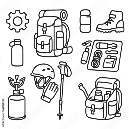 Camping Gear Icons. Outline style icons of Gear and Pack Silhouette: large backpack with gear, sleeping bag carry, hiking boots