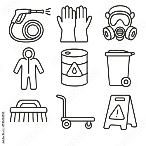 Industrial Cleaning Icons. Outline style icons of Industrial Cleaning Gear: power hose, chemical-safe gloves, ventilation mask,