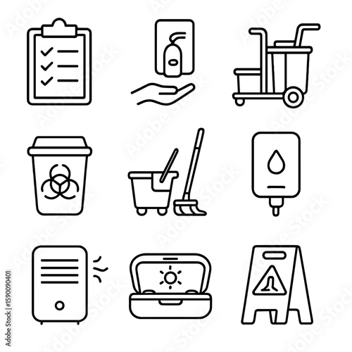Sanitary Equipment Icons. Outline style icons of Sanitary Equipment: hygiene checklist board, sanitizing station, cleaning cart,