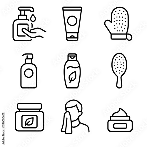 Skin Hygiene Icons. Outline style icons of Skin Hygiene: hand soap, facial cleanser, exfoliating glove, skincare lotion bottle,