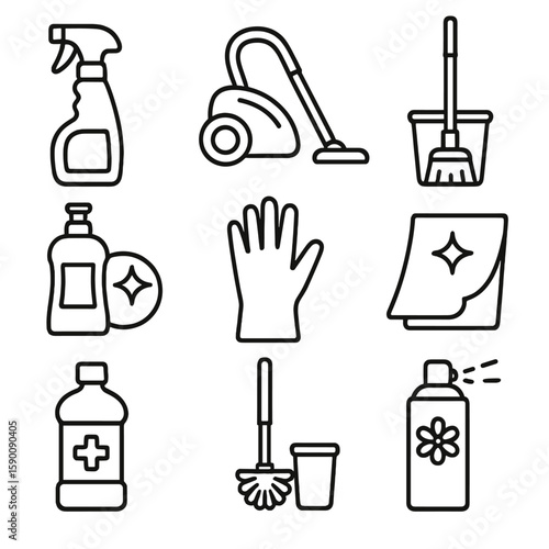 Cleaning Icons Collection. Outline style icons of Household Cleaning and Hygiene: spray bottle, vacuum cleaner, mop and bucket,