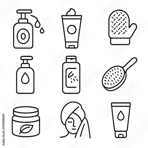 Skin Hygiene Icons. Outline style icons of Skin Hygiene: hand soap, facial cleanser, exfoliating glove, skincare lotion bottle,