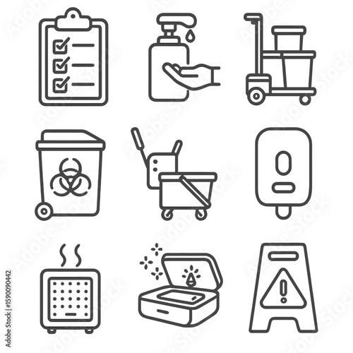 Sanitary Equipment Icons. Outline style icons of Sanitary Equipment: hygiene checklist board, sanitizing station, cleaning cart,