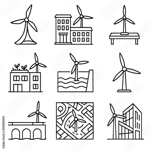 Turbine Architecture Icons. Outline style icons of Turbine in Architecture and Design: turbine sculpture, educational building