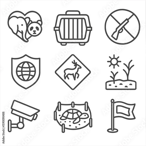 Wildlife Protection Icons. Outline style icons of Wildlife Protection: endangered species icon, animal rescue crate, no poaching
