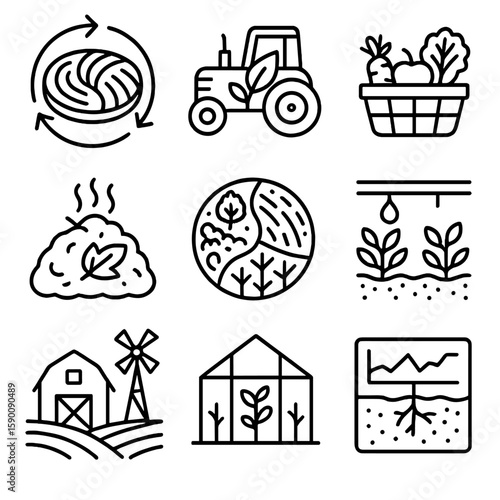 Sustainable Agriculture Icons. Outline style icons of Sustainable Agriculture: rotating crop field, eco tractor, organic produce