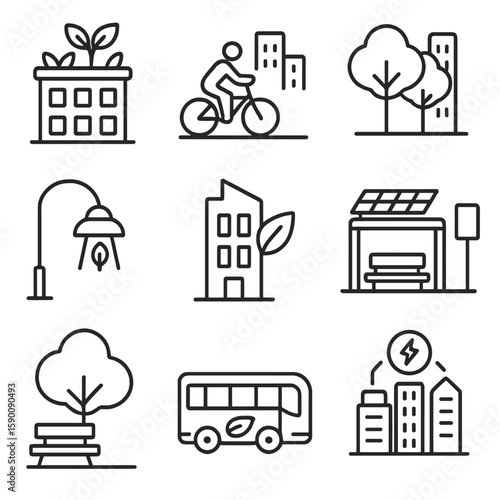 Urban Eco Icons. Outline style icons of Urban Green Initiatives: green rooftop, city bike lane, urban tree canopy, eco-friendly