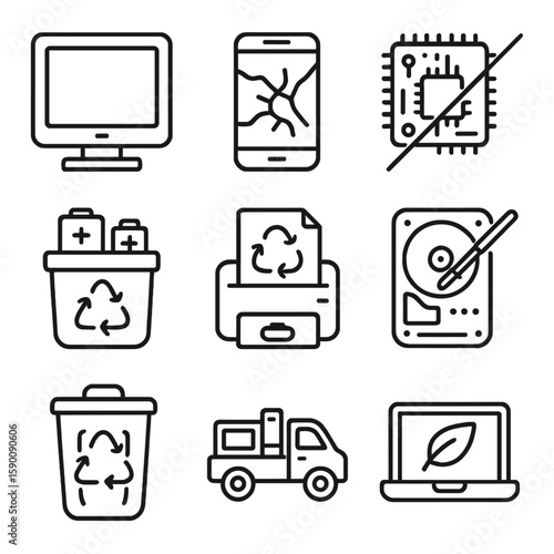 E-Waste Disposal Icons. Outline style icons of E-Waste Disposal: old monitor, broken smartphone, circuit board discard, battery