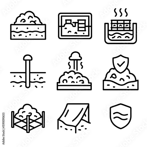 Land Waste Containment Icons. Outline style icons of Land Waste Containment: sealed dump site, underground waste vault, toxic