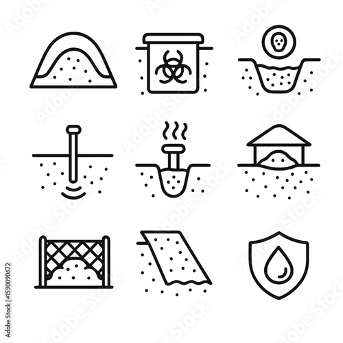 Land Waste Containment Icons. Outline style icons of Land Waste Containment: sealed dump site, underground waste vault, toxic