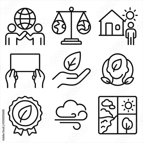 Environmental Justice Icons. Outline style icons of Environmental Justice: people with globe, equity scale with Earth, frontline
