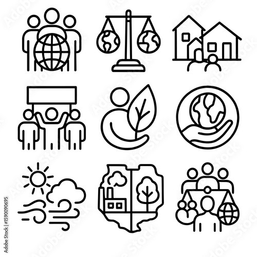 Environmental Justice Icons. Outline style icons of Environmental Justice: people with globe, equity scale with Earth, frontline