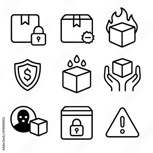 Parcel Safety Icons. Outline style icons of Parcel Safety: secure package icon, tamper-proof seal, fireproof box, insured shipping