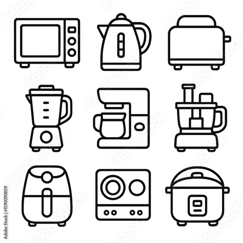 Kitchen Electronics Icons. Outline style icons of Kitchen Electronics: microwave, electric kettle, toaster, blender, coffee maker,