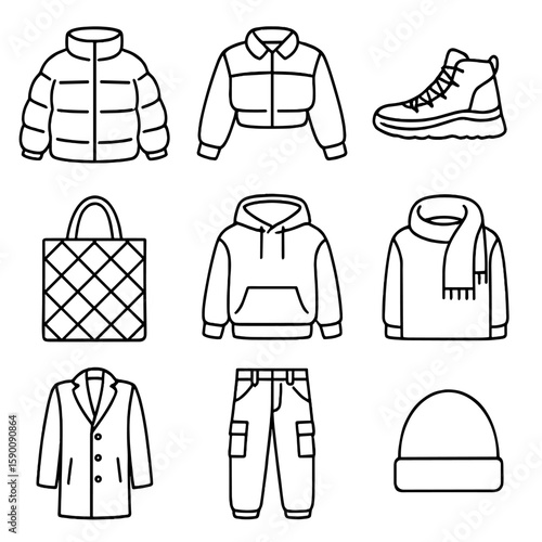 Urban Winterwear Icons. Outline style icons of Urban Winterwear: oversized puffer, cropped jacket, winter sneakers, quilted tote,