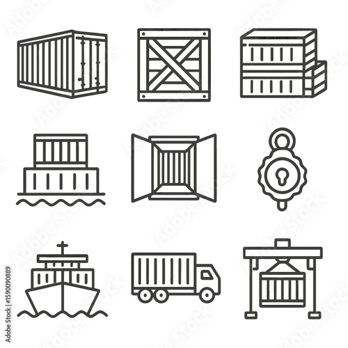 Shipping Container Icons. Outline style icons of Shipping Containers: freight container, cargo crate, stackable container,