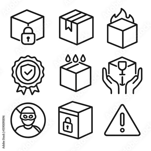 Parcel Safety Icons. Outline style icons of Parcel Safety: secure package icon, tamper-proof seal, fireproof box, insured shipping