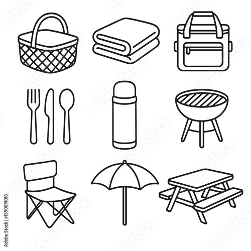 Picnic Essentials Icons. Outline style icons of Picnic Essentials: woven picnic basket, folded picnic blanket, insulated cooler
