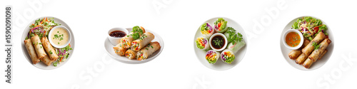 Set of  Assorted crispy and fresh spring rolls served with salad and dipping sauces isolated on transparent background