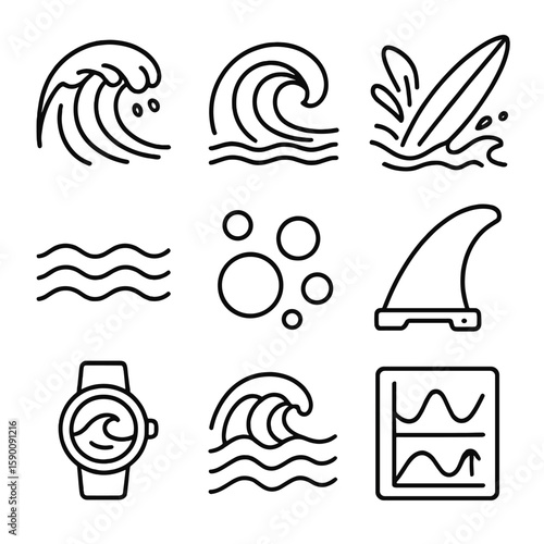 Surf and Wave Icons. Outline style icons of Wave and Surf: crashing surf, wave curl icon, surfing board splash, tide line, foam