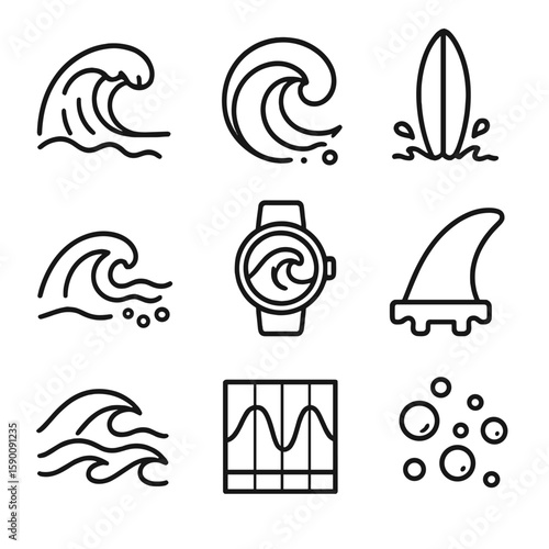 Surf and Wave Icons. Outline style icons of Wave and Surf: crashing surf, wave curl icon, surfing board splash, tide line, foam