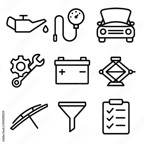 Basic Car Maintenance Icons. Outline style icons of Basic Car Maintenance: oil can with drop, tire pressure gauge, open car hood,