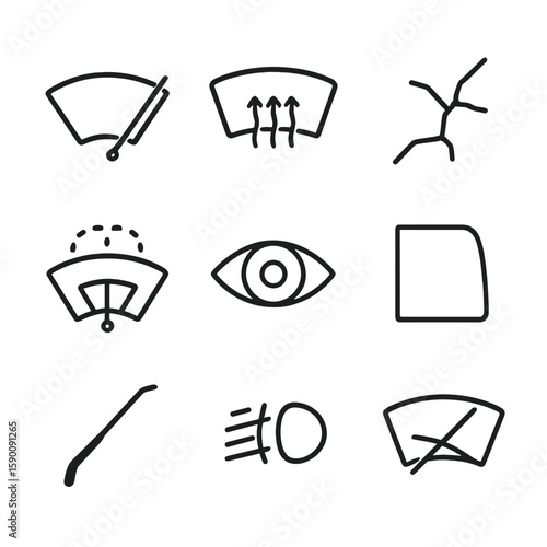 Windshield Care Icons. Outline style icons of Windshield and Visibility: wiper blade, defroster icon, windshield crack, washer