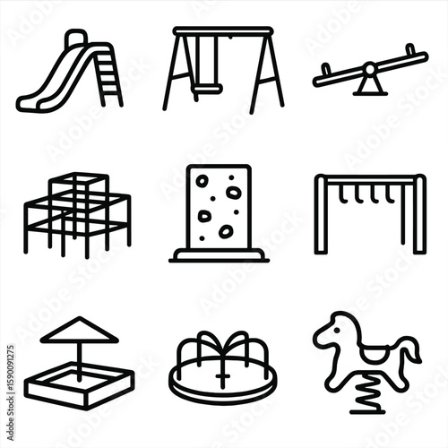 Playground Icons Outline. Outline style icons of Playground Equipment: slide, swing set, seesaw, jungle gym, climbing wall, monkey