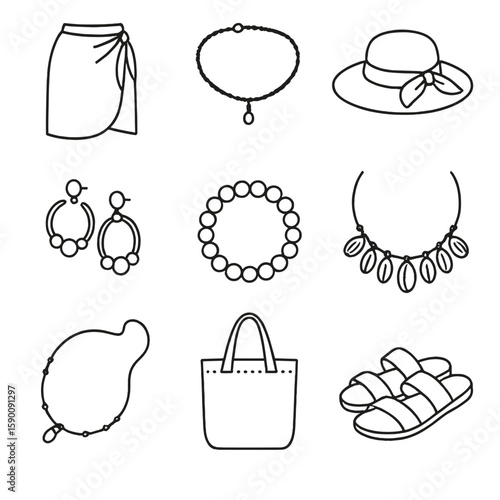 Beach Accessories Icons. Outline style icons of Beach Fashion Accessories: beach wrap skirt, anklet, straw hat ribbon, beach