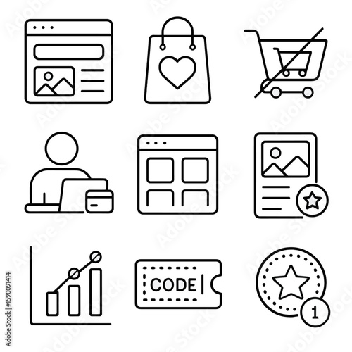 Shopping Behavior Icons. Outline style icons of Shopping Behavior: browsing screen, wishlist icon, abandoned cart, checkout