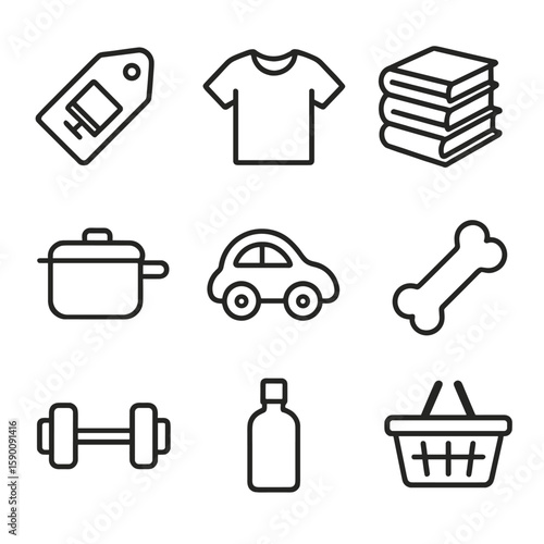 Product Category Icons. Outline style icons of Product Categories: electronics tag, fashion shirt, book stack, kitchenware, toy