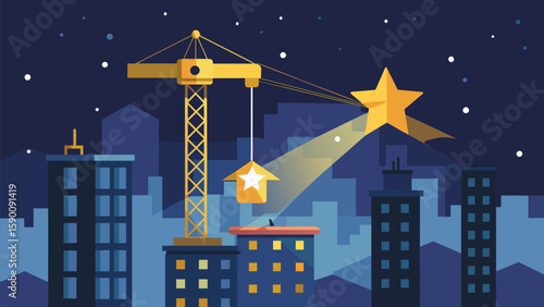 A tower crane reaching towards the stars as its lights illuminate the surrounding buildings and streets.. Vector illustration