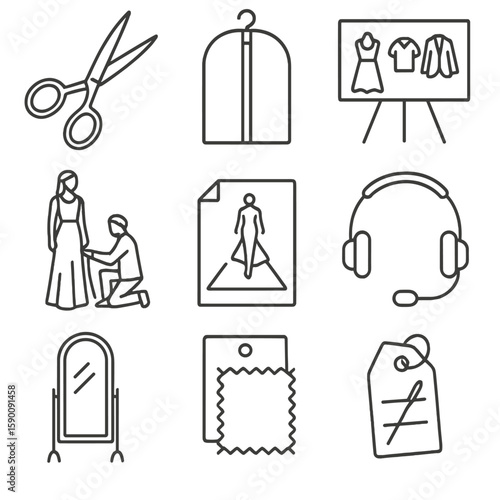 Fashion VIP Icons. Outline style icons of Fashion VIP Services: tailor scissors, garment bag icon, fashion preview board, couture