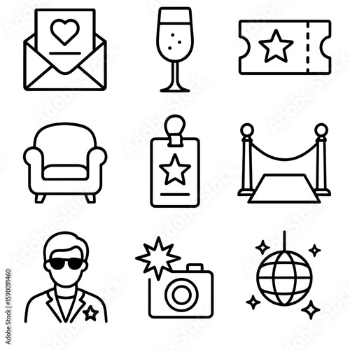 Exclusive Event Icons. Outline style icons of Exclusive Events: private sale invite, champagne glass icon, fashion show ticket,