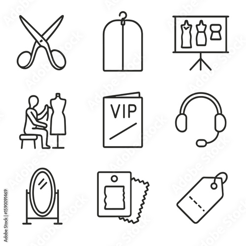 Fashion VIP Icons. Outline style icons of Fashion VIP Services: tailor scissors, garment bag icon, fashion preview board, couture