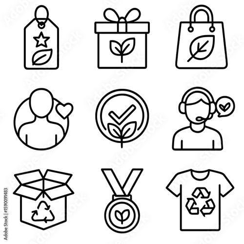 Eco-Luxury Shopping Icons. Outline style icons of VIP Sustainability Shopping: eco-luxury label, green gift icon, sustainable