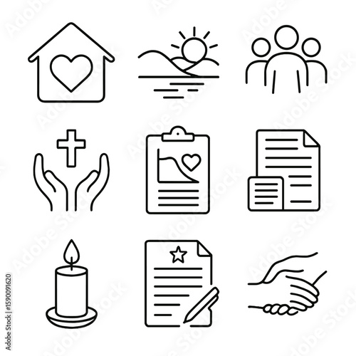 End-of-Life Care Icons. Outline style icons of Elderly Community Life: group exercise, craft activity, book club, bingo night,