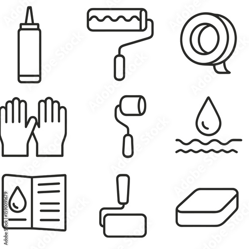 DIY Waterproofing Icons. Outline style icons of DIY Waterproofing Tools: sealant tube, roll-on waterproof coat, masking tape roll,