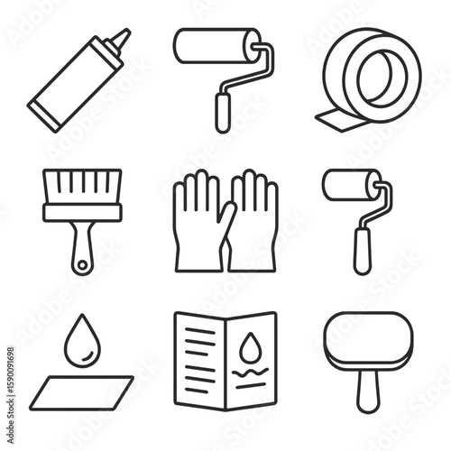 DIY Waterproofing Icons. Outline style icons of DIY Waterproofing Tools: sealant tube, roll-on waterproof coat, masking tape roll,