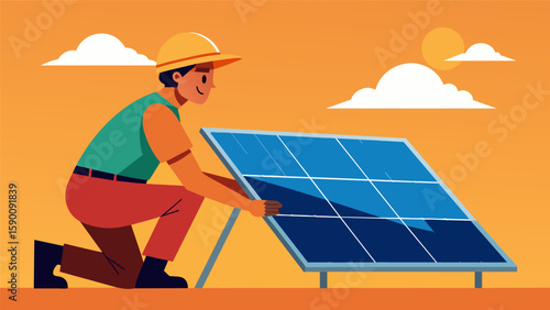A worker checking the alignment and stability of a newly installed solar panel ensuring it is positioned correctly for maximum efficiency.. Vector illustration