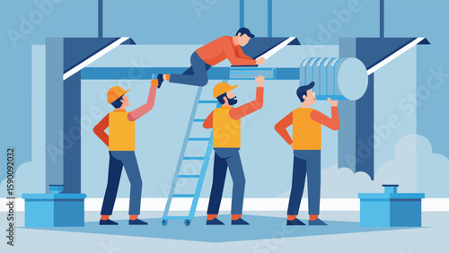 A team of installers carefully hanging and securing the ductwork in the ceiling ensuring it is level and properly supported.. Vector illustration