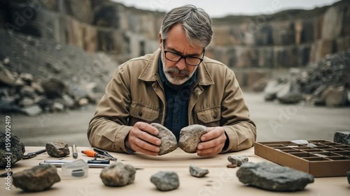 Mature Geologist Man Examining Rocks in Outdoor Quarry Closeup