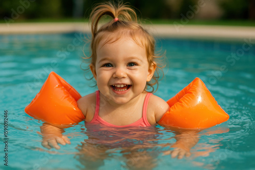 Happy baby girl swimming with inflatable armbands in a pool