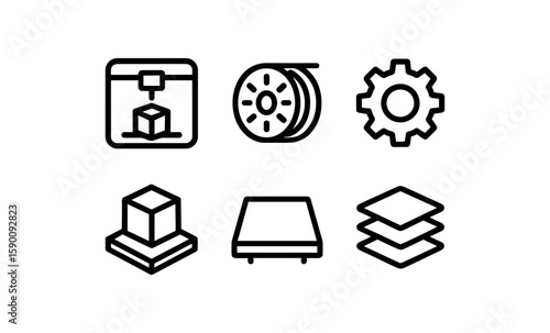 3d printer and filament icons in minimalist linear design for technology and manufacturing