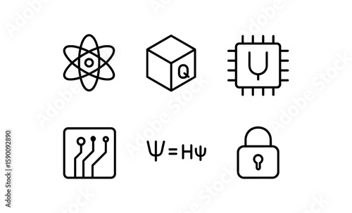 Quantum computing elements and technology icons in linear style